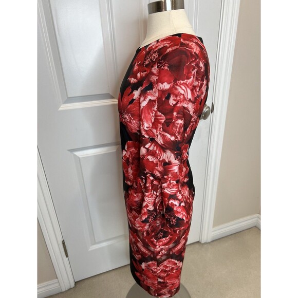 Calvin Klein womens Red Floral Black Bell Sleeve knee length Sheath Dress size 4 - Picture 4 of 11